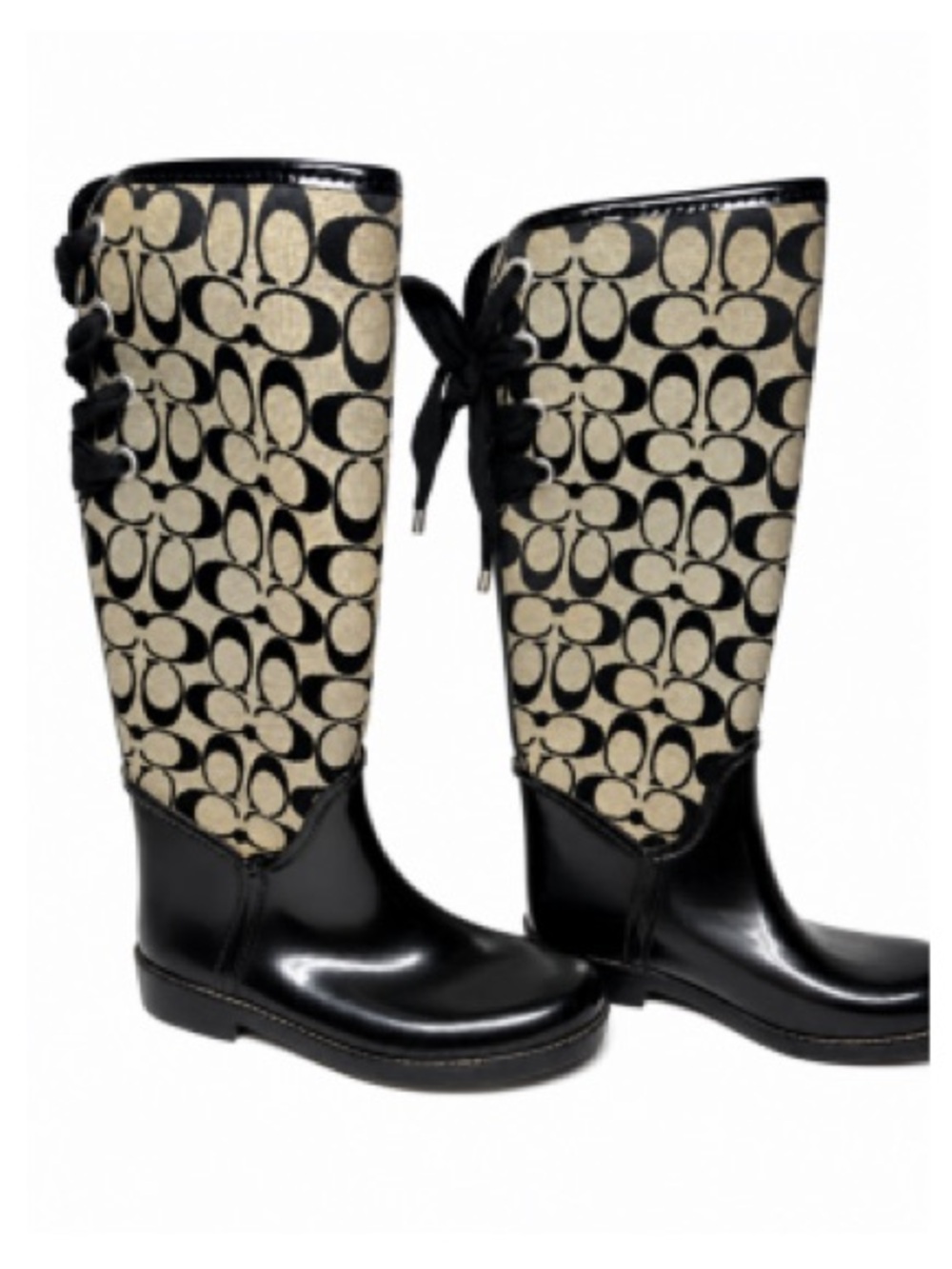 Coach Signature C Tall Rain Boots Lace-Up Back Black Tan Women’s Size 6B